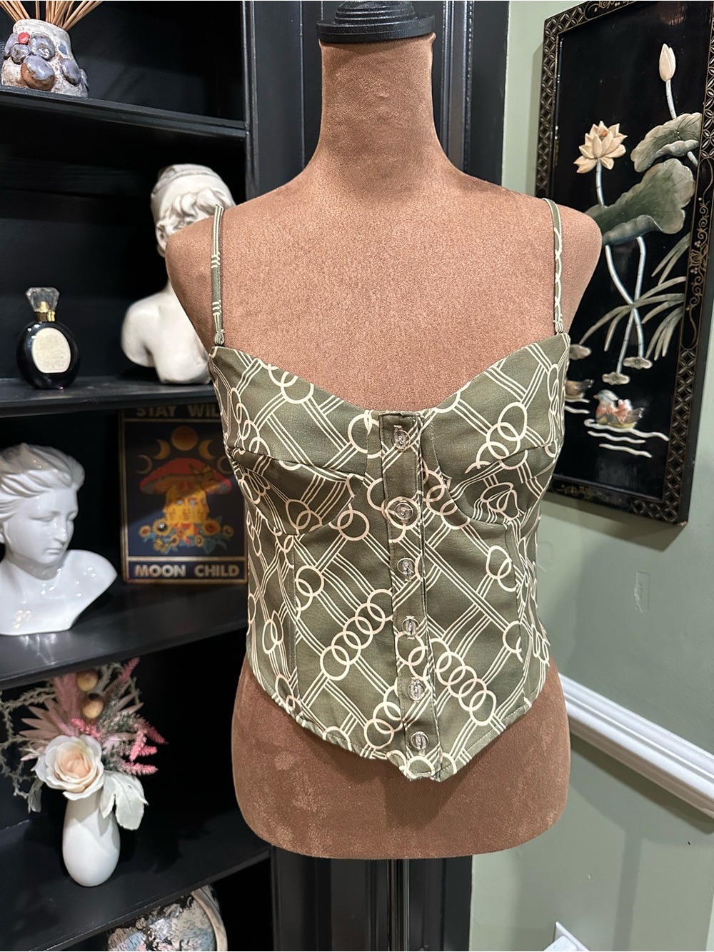 RESA Green Bustier Crop Tank Top – Size Small (Green Print)